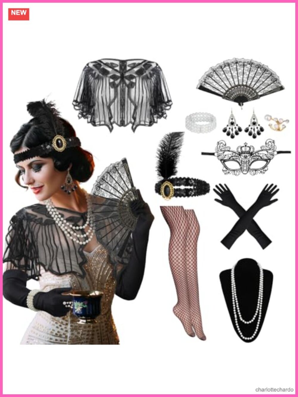 1920s Flapper Costume Set 10Pc Feather Headpiece Gloves Pearl Jewelry